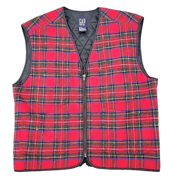 Jackets & Blazers - Gap Womens Plaid Vest Size Medium Quilted Lining Red Tartan Thread Pull